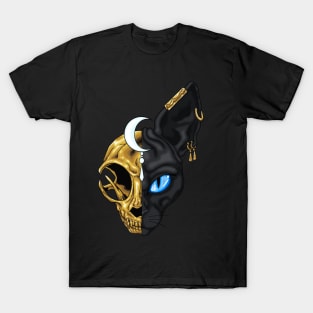 Black sphinx cat with golden skull T-Shirt